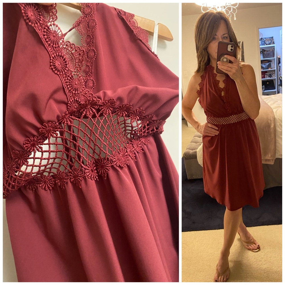 NEW Burgundy Halter Sleeveless Backless Dress with Crochet Waist Detail SMALL